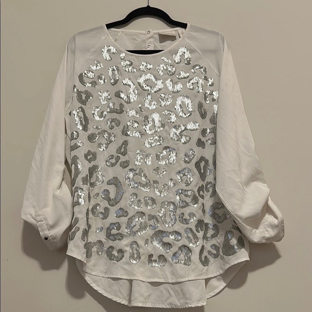 Chico's size 3 women White Sequin 3/4 Sleeve Blouse